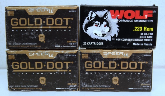 Full Box of 20 Wolf .223 Rem. 55 gr. FMJ and Three Full Boxes of 20 Speer Gold Dot Duty .223 Rem. 55