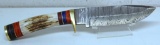 Handmade Damascus Steel Fixed Blade Hunting Knife and Sheath with custom wood, bone, horn or resin