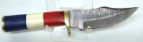 Handmade Damascus Steel Fixed Blade Hunting Knife and Sheath with custom wood, bone, horn or resin