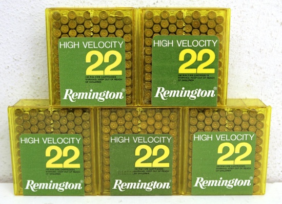 5 Full 100 Round Packs Remington .22 LR High Velocity Cartridges Ammunition...