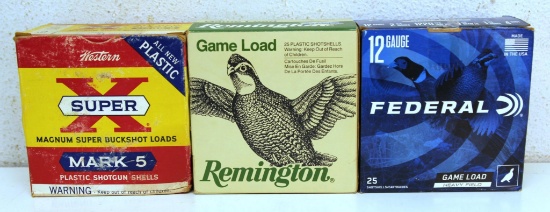 3 Different Full Boxes 12 Ga. Shotshells Ammunition - Remington 2 3/4" 7 1/2 Shot, Western Super-X