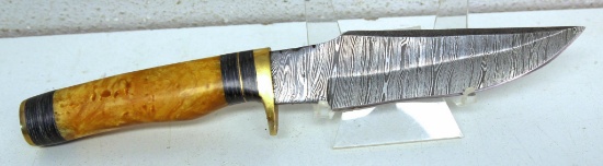 Handmade Damascus Steel Fixed Blade Hunting Knife and Sheath with custom wood, bone, horn or resin