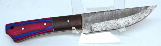 Handmade Damascus Steel Fixed Blade Hunting Knife and Sheath with custom wood, bone, horn or resin