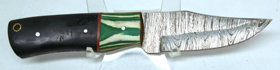Handmade Damascus Steel Fixed Blade Hunting Knife and Sheath with custom wood, bone, horn or resin