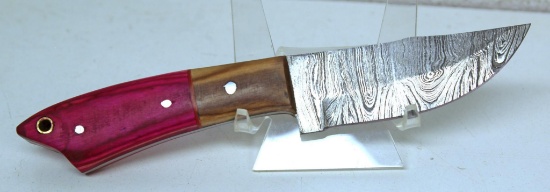 Handmade Damascus Steel Fixed Blade Hunting Knife and Sheath with custom wood, bone, horn or resin