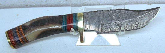 Handmade Damascus Steel Fixed Blade Hunting Knife and Sheath with custom wood, bone, horn or resin