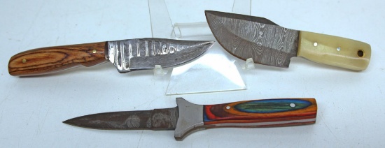 3 Handmade Damascus Steel Fixed Blade Hunting Knives and Sheaths with custom wood, bone, horn or