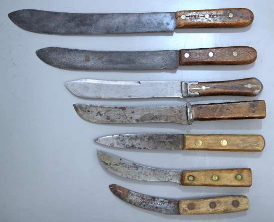 7 Old Butcher Knives - 2 Longest are 10" and 12" Dexter (12" Crack in Handle), Any markings on other