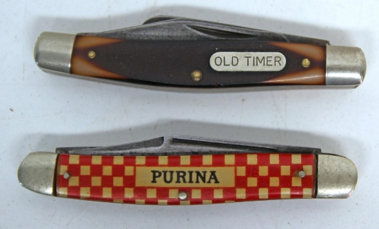 2 Vintage Pocket Folding Knives - Schrade Walden Old Timer 3 Blade and Kutmaster Utica Purina