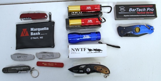 Mixed Box Lot Pocket Knives and Flashlights -...5 Advertising Pocket Knives with1 in Mini Bank Bag a