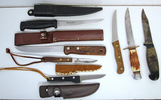 Mixed Box Lot Knives - 2 Fillet with Sheaths, 2 Smaller Ones with Sheaths, 3 without Sheaths Chicago