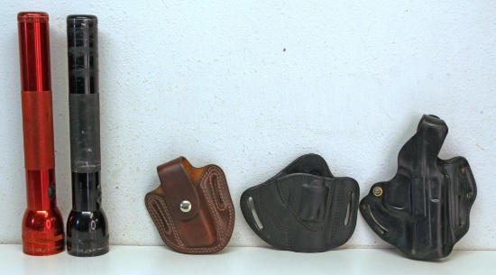 3 Leather Holsters and 2 Mag-Lite 4 Cell Flashlights (Black & Red)...