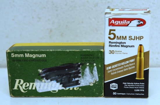 2 Different Full Boxes 5 mm Remington Rim Fire Magnum Cartridges Ammunition - Remington, Aguila...