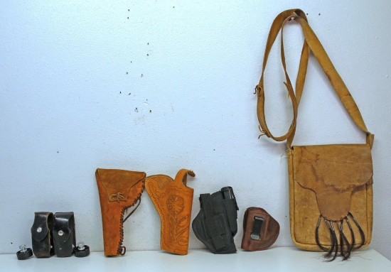 3 Leather Holsters, Bulldog Nylon Holster w/.45 Auto Magazine, 2 .44 Cart. HKS 29 Speed Loaders with