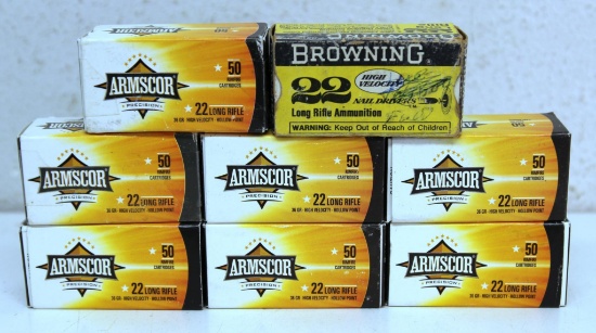 7 Full Boxes Armscor....22 LR and 1 Full Vintage Box Browning .22 LR (Ink Writing 2 Sides of Box)