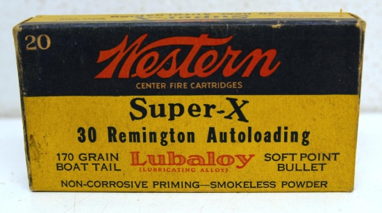 Full Vintage Box Western Super-X .30 Remington Autoloading...170 gr. BTSP Cartridges Ammunition...