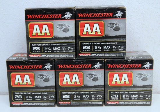 5 Full Boxes Winchester AA Sporting Clays 28 Ga. 2 3/4" 7 1/2 Shot Shotgun Shells Ammunition...