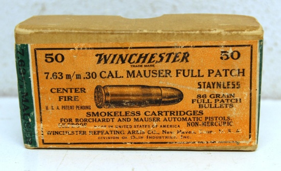 Full Vintage Two Piece Box Winchester 7.63 mm, .30 Cal. Mauser Cartridges Ammunition...