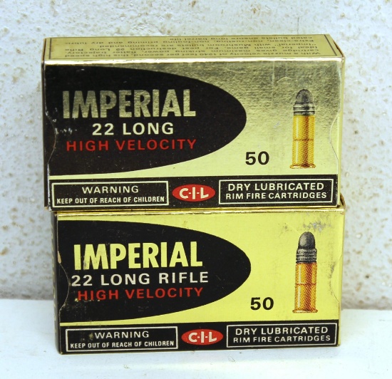 2 Full Vintage Boxes C-I-L Imperial High Velocity .22 Long and .22 LR Cartridges Ammunition...