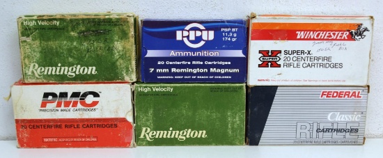 6 Different Full Boxes 7 mm Rem. Mag. Cartridges Ammunition - 2 Remington, Winchester, PPU, PMC,