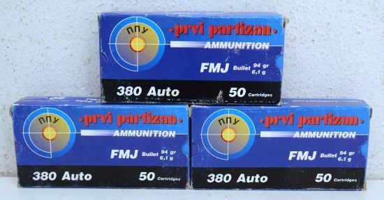 3 Full Boxes Prvi...Partizan .380 Auto 94 g. FMJ Cartridges Ammunition...