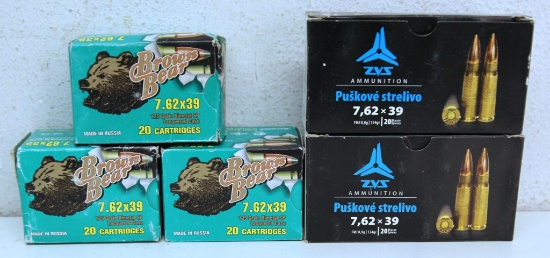 3 Full Boxes Brown Bear and 2 Full Boxes ZVS 7.62x39 mm Cartridges Ammunition...