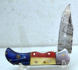 Handmade Damascus Steel Folding Lock Blade Knife and Sheath with custom wood, bone, horn or resin