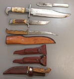 Box Lot - 7 Old Knives - 1 U.S. Knife, 2 Unusual Folding Knives with Sheaths, Fillet Knife, Lg.