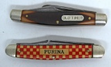 2 Vintage Pocket Folding Knives - Schrade Walden Old Timer 3 Blade and Kutmaster Utica Purina
