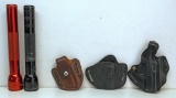 3 Leather Holsters and 2 Mag-Lite 4 Cell Flashlights (Black & Red)...