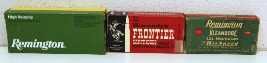 3 Different Full Boxes .222 Remington 50 gr. Soft Point Cartridges Ammunition - Remington, Hornady