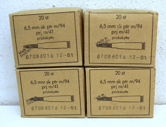 4 Full Boxes of 20 Swedish 6,5 mm Cartridges Ammunition...