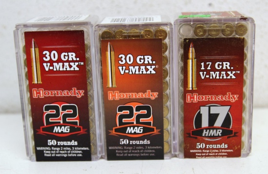 2 Full Boxes Hornady....22 Mag 30 gr. V-Max and Full Box .17 HMR 17 gr. V-Max Cartridges Ammunition.