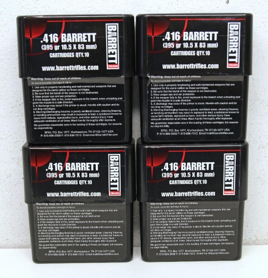 4 Full Boxes of 10 Barrett .416 Barrett 395 gr. 10.5x86 mm Cartridges Ammunition...