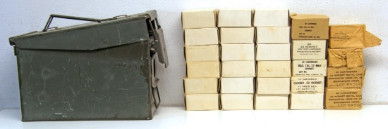 Metal Ammo Can w/27 Full Mixed Boxes Military .22 Hornet Cartridges Ammunition