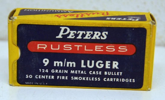 Vintage Full Box Peters Rustless 9 mm Luger 124 gr. Cartridges Ammunition...