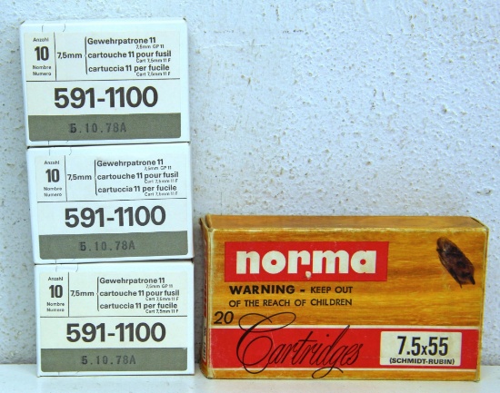 3 Full Boxes 10 Gewehrpatrone 11 (Rubin-Schmidt) 7.5 mm and 1 Full Box Norma 7.5x55 (Rubin-Schmidt)