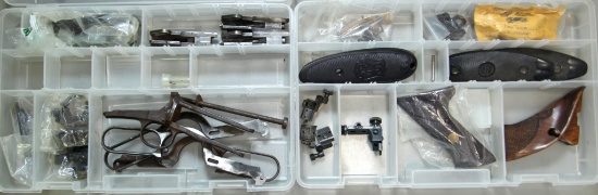 Gun Parts - 2 Plastic Trays w/Sights, Butt Plates, Pistol Grips, Winchester 1890 Parts, Levers, many