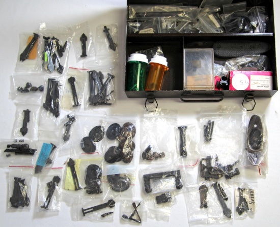 Box Lot and Metal Case w/lots of Rear Rifle Sights, Front Sights, Winchester Stock Caps, Scope