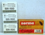 3 Full Boxes 10 Gewehrpatrone 11 (Rubin-Schmidt) 7.5 mm and 1 Full Box Norma 7.5x55 (Rubin-Schmidt)