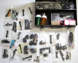 Box Lot and Metal Case w/lots of Rear Rifle Sights, Front Sights, Winchester Stock Caps, Scope