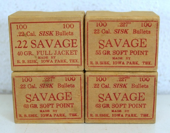 4 Vintage Full Boxes of 100 Savage .227" .22 Cal. Sisk Bullets for Reloading - 1 Box 55 gr. SP, 1