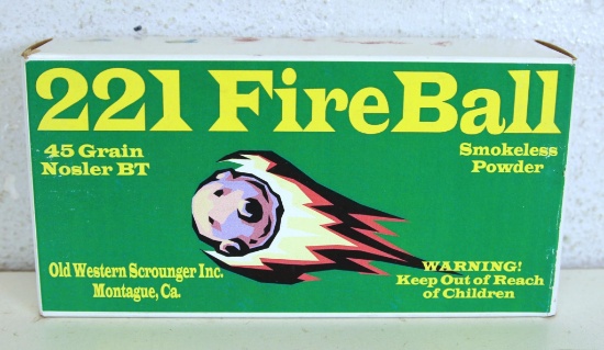 Full Box Old Western Scrounger .221 Fire Ball 45 gr. Nosler BT Cartridges Ammunition...
