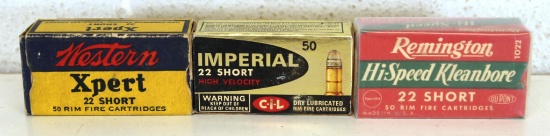 3 Different Full Vintage Boxes .22 Short Cartridges Ammunition - Western XPert, Imperial C-I-L,