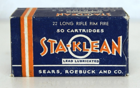 Full Vintage Box Sears Roebuck and Co. Sta-Klean .22 LR Cartridges Ammunition...