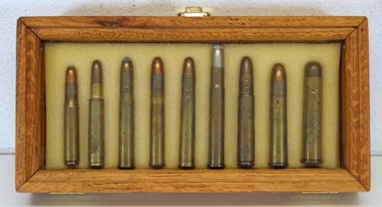Collection of 9 Large Collector Cartridges Ammunition in Oak Display Case - Kynoch .404, Kynoch....4