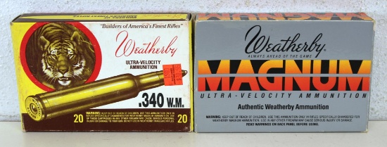 Partial Vintage Weatherby Tiger Box (17 Original Rds, 2 Fired Brass) .340 Weatherby Mag and Vintage