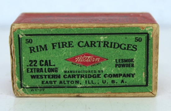 Full Vintage Sealed Two Piece Box Western Cartridge Co. .22 Cal. R.F. Extra Long, Top Left End of