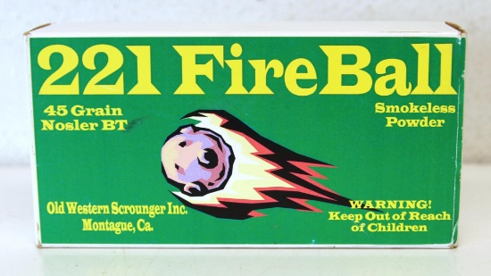 Full Box Old Western Scrounger .221 Fire Ball 45 gr. Nosler BT Cartridges Ammunition...