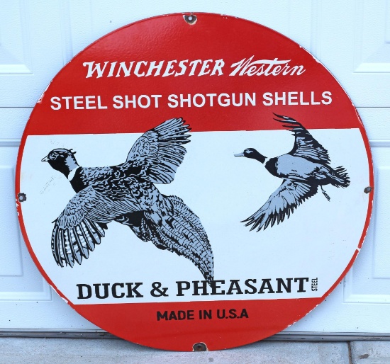 Vintage Winchester Western Porcelain 30" Round Advertising Sign - Duck & Pheasant Steel Shot Shotgun